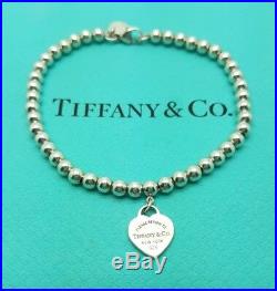 Return To Tiffany & Co Silver 4mm Bead 7 Bracelet with Green Heart Tag Charm