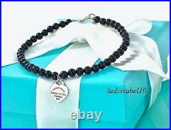 Return To Tiffany & Co Silver 7.25 Mini Bead Onyx Love Heart Charm Bracelet 20h