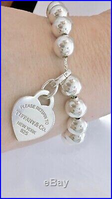 Return To Tiffany & Co Silver Bead ball Bracelet Enamel Med. Heart Charm 7.25in