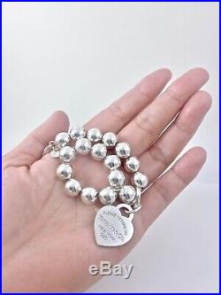 Return To Tiffany & Co Silver Bead ball Bracelet Enamel Med. Heart Charm 7.25in