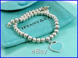 Return To Tiffany & Co Silver Blue Enamel Mini Heart Charm Bead Bracelet 6.75in