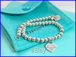 Return To Tiffany & Co Silver Blue Enamel Mini Heart Charm Bead Bracelet 6.75in