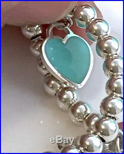 Return To Tiffany & Co Silver Blue Enamel Mini Heart Charm Bead Bracelet 6.75in