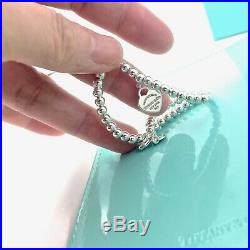 Return To Tiffany & Co Silver Blue Enamel Mini Heart Charm Bead Bracelet 6.75in