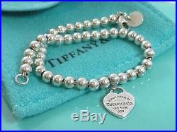 Return To Tiffany & Co Silver Blue Enamel Mini Heart Charm Bead Bracelet 6.75in