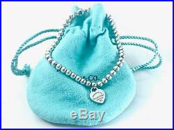 Return To Tiffany & Co Silver Blue Enamel Mini Heart Charm Bead Bracelet 7 19A
