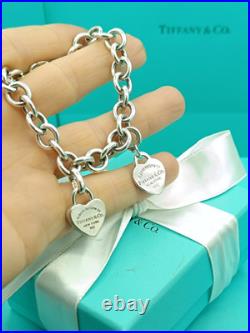 Return To Tiffany & Co Silver Heart Padlock Charm & Heart Charm Bracelet 7.5