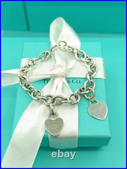 Return To Tiffany & Co Silver Heart Padlock Charm & Heart Charm Bracelet 7.5