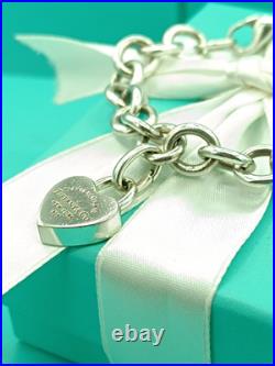 Return To Tiffany & Co Silver Heart Padlock Charm & Heart Charm Bracelet 7.5