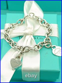 Return To Tiffany & Co Silver Heart Padlock Charm & Heart Charm Bracelet 7.5