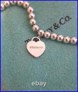 Return To Tiffany & Co. Silver Heart Tag Charm 4mm Bead 6.75 inches Bracelet