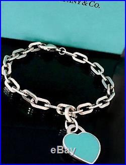 Return To Tiffany & Co Silver Lg. Heart Enamel Charm Rectangular Bracelet 8.25L