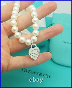 Return to Tiffany & Co. RARE Silver 8 mm Pearl and Heart tag charm 7.5 Bracelet