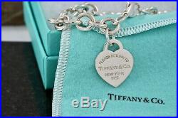 Return to Tiffany & Co. Silver Blue Enamel Heart Charm 7.5 Bracelet withPackaging