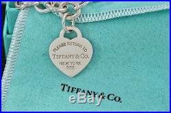 Return to Tiffany & Co. Silver Blue Enamel Heart Charm 7.5 Bracelet withPackaging