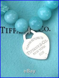 Return to Tiffany & Co Sterling Silver Heart Charm Amazonite Bead Bracelet 7.5