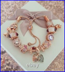 Rose Gold Pandora Bracelet & 13 Pandora Rose Gold Charms Adjustable size + Box Rose Gold Pandora Bracelet & 13 Pandora Rose Gold Charms Adjustable size + Box