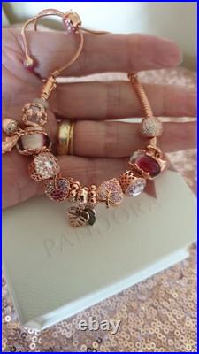 Rose Gold Pandora Bracelet & 13 Pandora Rose Gold Charms Adjustable size + Box Rose Gold Pandora Bracelet & 13 Pandora Rose Gold Charms Adjustable size + Box