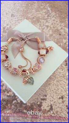 Rose Gold Pandora Bracelet & 13 Pandora Rose Gold Charms Adjustable size + Box Rose Gold Pandora Bracelet & 13 Pandora Rose Gold Charms Adjustable size + Box