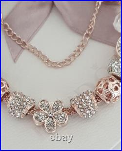 Rose Gold Pandora Bracelet Bangle & Rose Gold Charms + Pandora Box. 20 cms