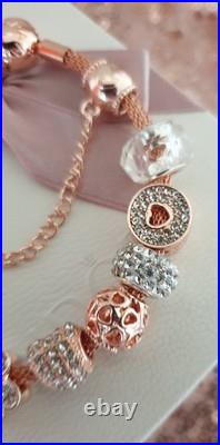 Rose Gold Pandora Bracelet Bangle & Rose Gold Charms + Pandora Box. 20 cms