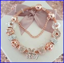 Rose Gold Pandora Bracelet Bangle & Rose Gold Charms + Pandora Box. 20 cms