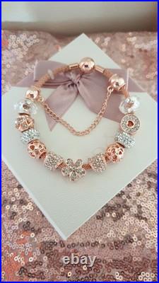 Rose Gold Pandora Bracelet Bangle & Rose Gold Charms + Pandora Box. 20 cms