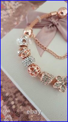 Rose Gold Pandora Bracelet Bangle & Rose Gold Charms + Pandora Box. 20 cms
