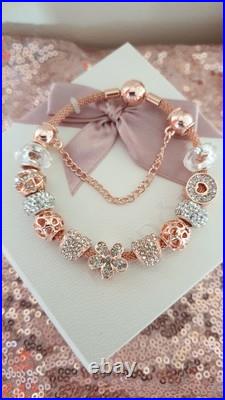 Rose Gold Pandora Bracelet Bangle & Rose Gold Charms + Pandora Box. 20 cms