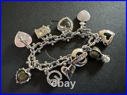 ST JOHN Charm Bracelet Silver Tone & Rose Quartz Heart Charms 1980s Vintage