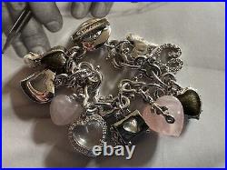 ST JOHN Charm Bracelet Silver Tone & Rose Quartz Heart Charms 1980s Vintage