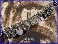 ST JOHN Charm Bracelet Silver Tone & Rose Quartz Heart Charms 1980s Vintage