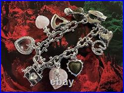 ST JOHN Charm Bracelet Silver Tone & Rose Quartz Heart Charms 1980s Vintage