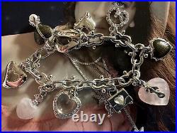 ST JOHN Charm Bracelet Silver Tone & Rose Quartz Heart Charms 1980s Vintage