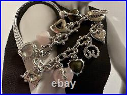 ST JOHN Charm Bracelet Silver Tone & Rose Quartz Heart Charms 1980s Vintage