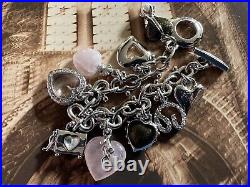 ST JOHN Charm Bracelet Silver Tone & Rose Quartz Heart Charms 1980s Vintage