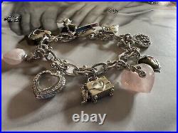 ST JOHN Charm Bracelet Silver Tone & Rose Quartz Heart Charms 1980s Vintage