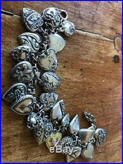 STERLING SILVER Antique Handcrafted 26 Mixed Puffy Heart Charm Bracelet
