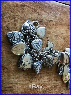 STERLING SILVER Antique Handcrafted 26 Mixed Puffy Heart Charm Bracelet