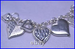 STERLING SILVER CHARM BRACELET 17 3-D HEART CHARMS incl OPEN PUFFY & STRAWBERRY