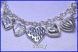STERLING SILVER CHARM BRACELET 17 3-D HEART CHARMS incl OPEN PUFFY & STRAWBERRY