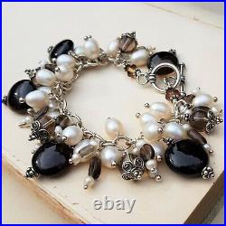 STERLING Silver Charm Bracelet. Gemstones of Topaz Smokey Quartz & Pearls