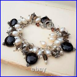 STERLING Silver Charm Bracelet. Gemstones of Topaz Smokey Quartz & Pearls