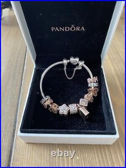 STUNNING Rose Gold And Silver pandora bracelet with charms 21cm