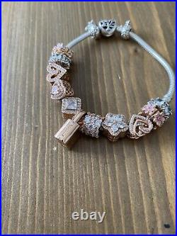 STUNNING Rose Gold And Silver pandora bracelet with charms 21cm