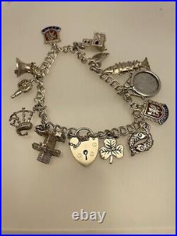 Silver Charm Bracelet Double Link Chain 12 Charms Heart Padlock Clasp 7 32 g