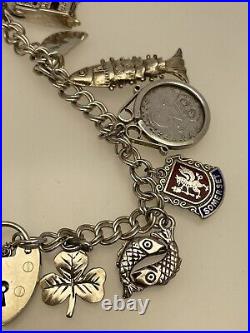 Silver Charm Bracelet Double Link Chain 12 Charms Heart Padlock Clasp 7 32 g