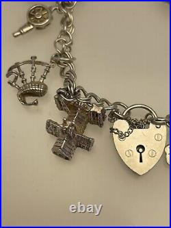 Silver Charm Bracelet Double Link Chain 12 Charms Heart Padlock Clasp 7 32 g