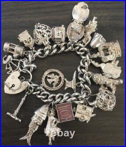 Silver Charm Bracelet English Vintage Heavy With Unique Rare Charms 99.8 Grams