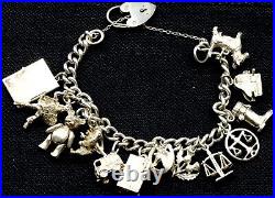 Silver Charm Bracelet Vintage Dog Teddy Scales Piano Jewellery Fashion 60 Grams